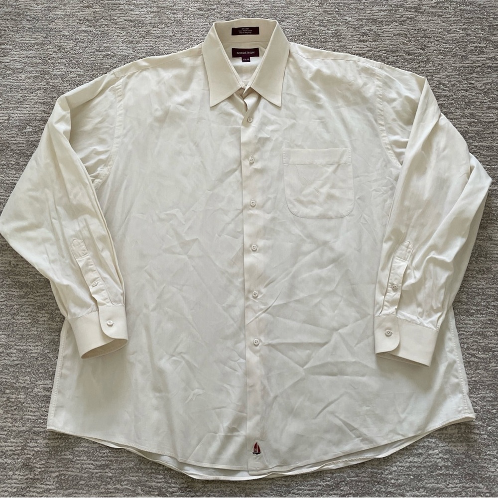 Vintage Nordstrom Button Up Shirt Mens 17 1/2 35 Beige Cream Long Sleeve Cotton